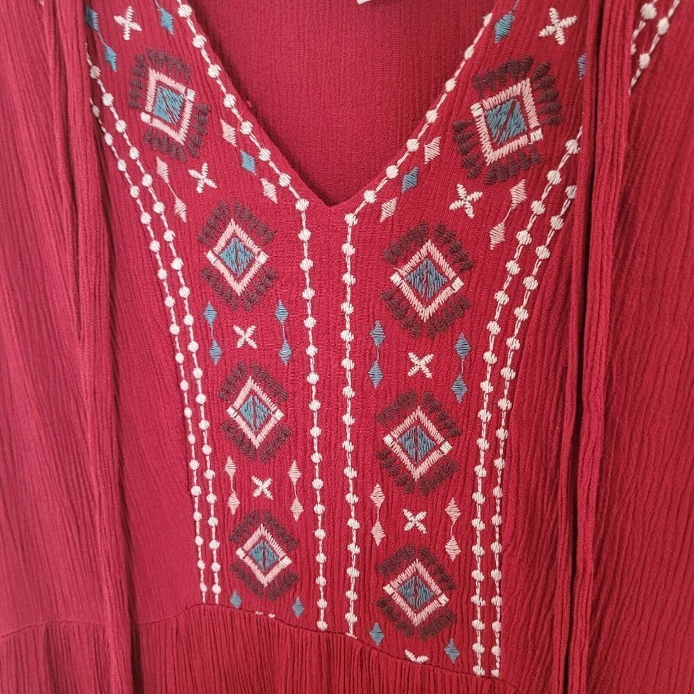 Knox Rose Red Tie-Neck Boho Style Embroidered Maxi Dress Size Small - Picture 6 of 10